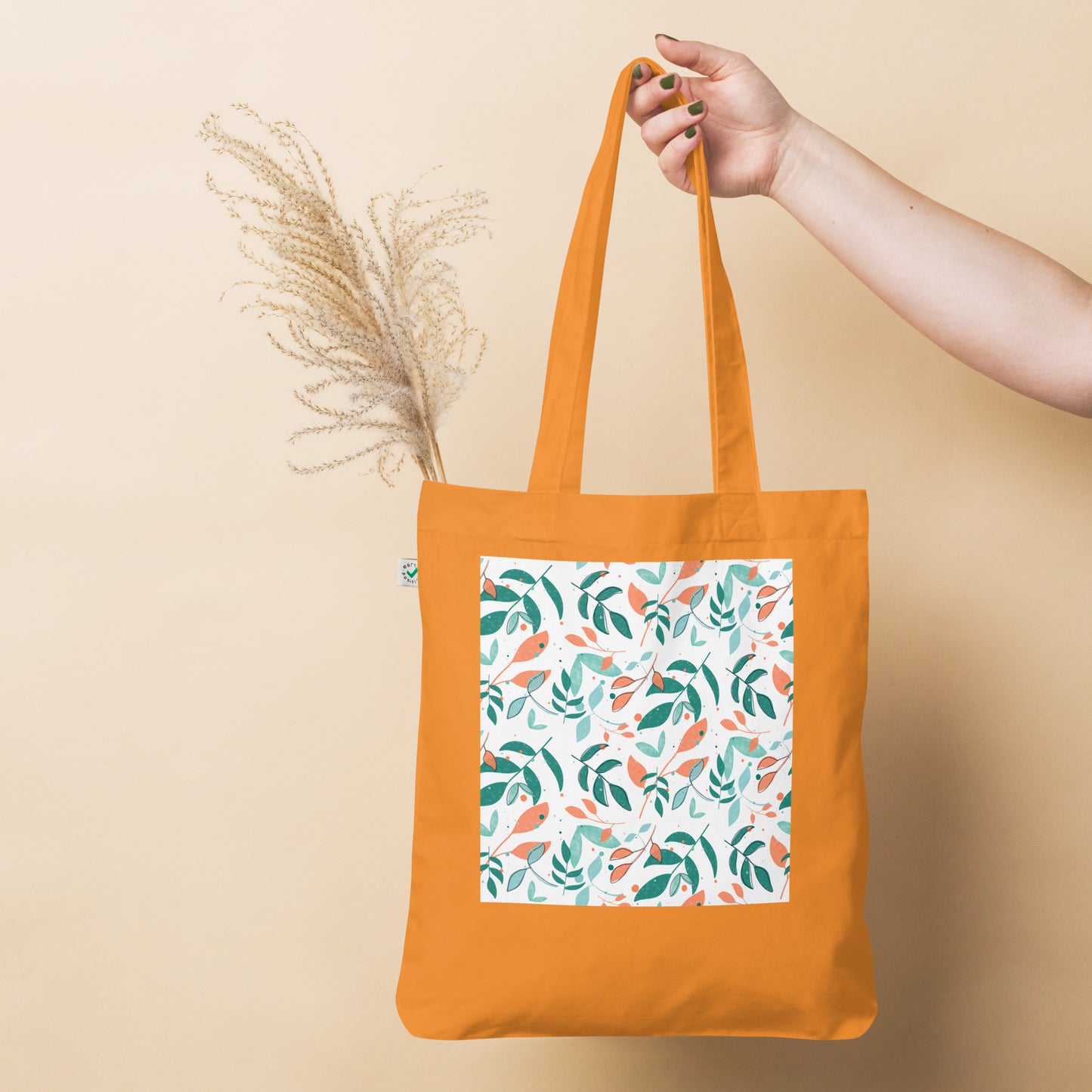 Organic fashion tote bag, Leaves white