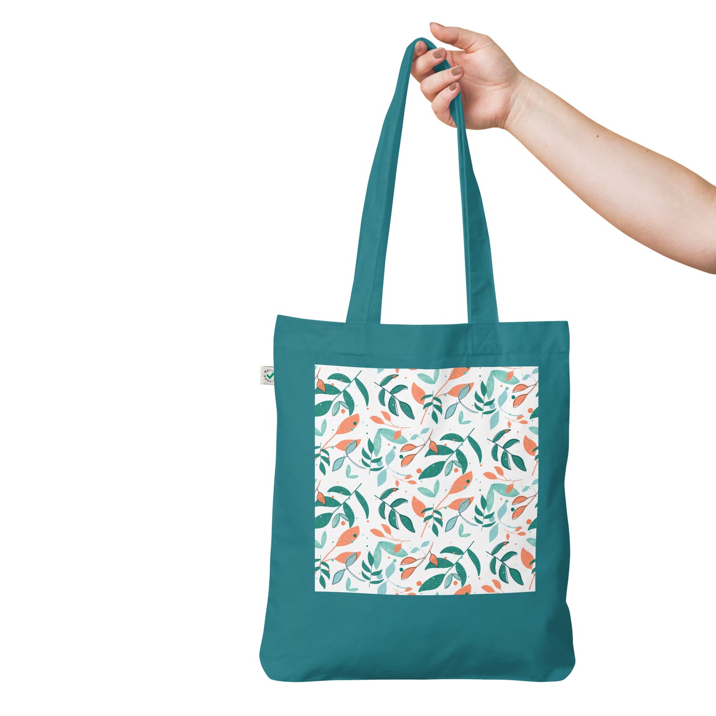 Organic fashion tote bag, Leaves white