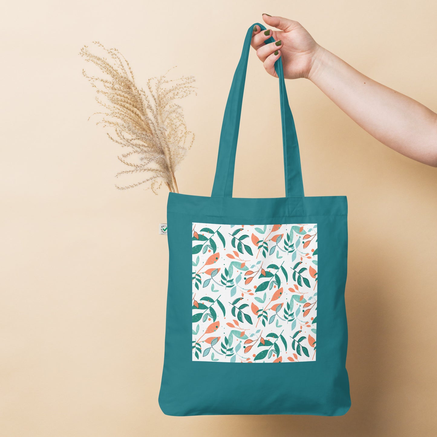 Organic fashion tote bag, Leaves white