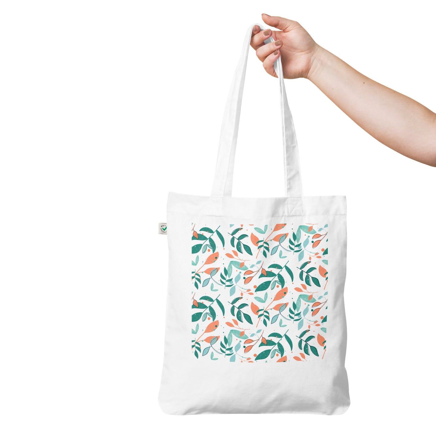 Organic fashion tote bag, Leaves white