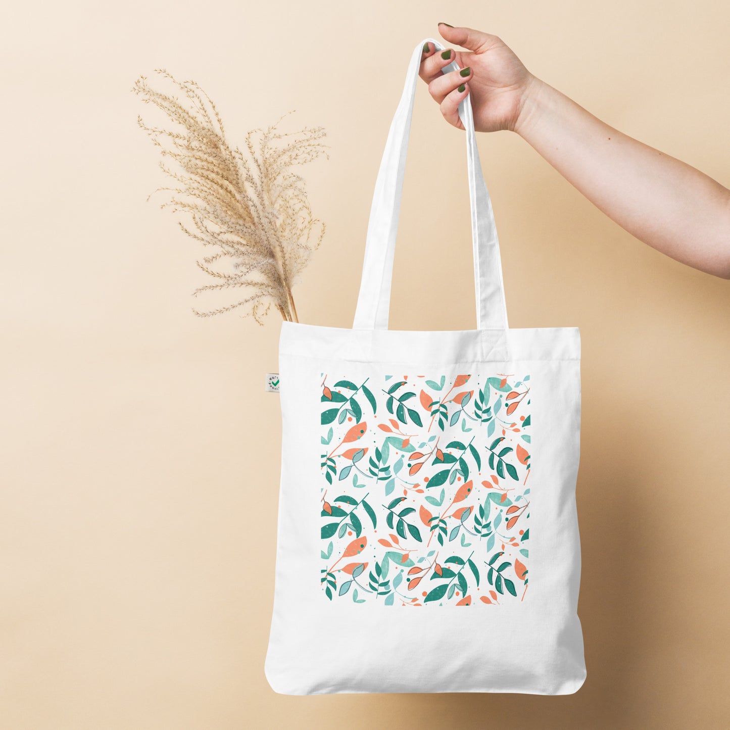 Organic fashion tote bag, Leaves white