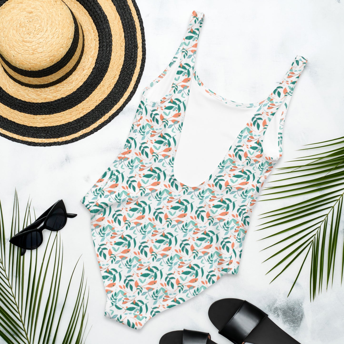 One-Piece Swimsuit, Leaves white