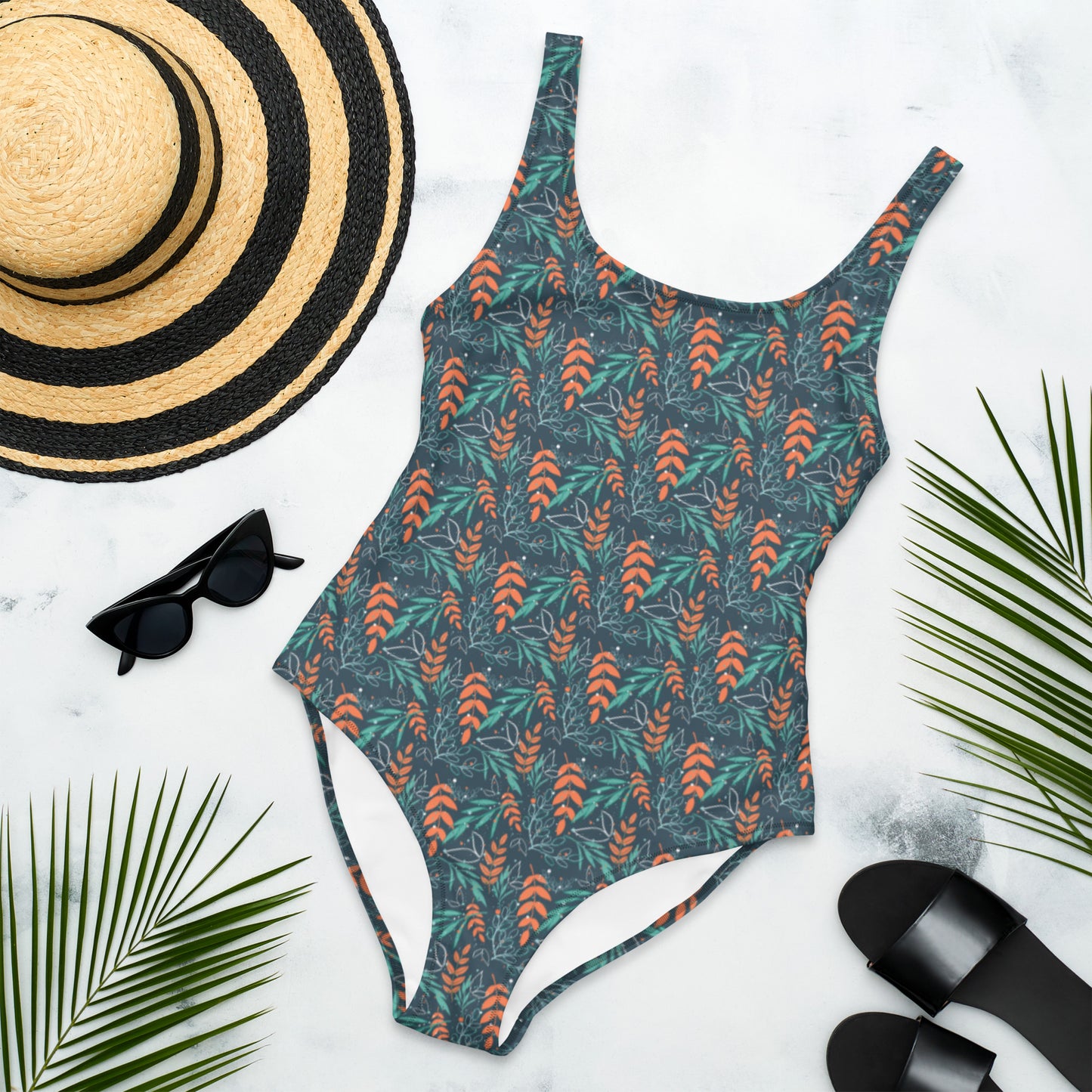 One-Piece Swimsuit, Leaves blue