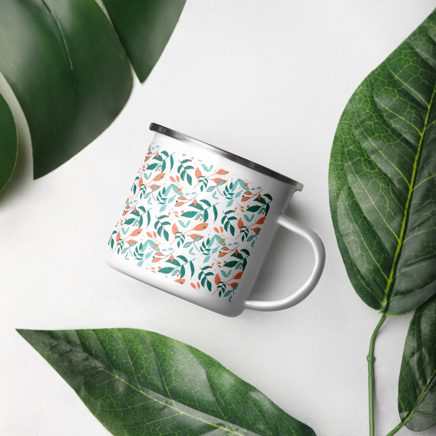 Enamel Mug, Leaves white