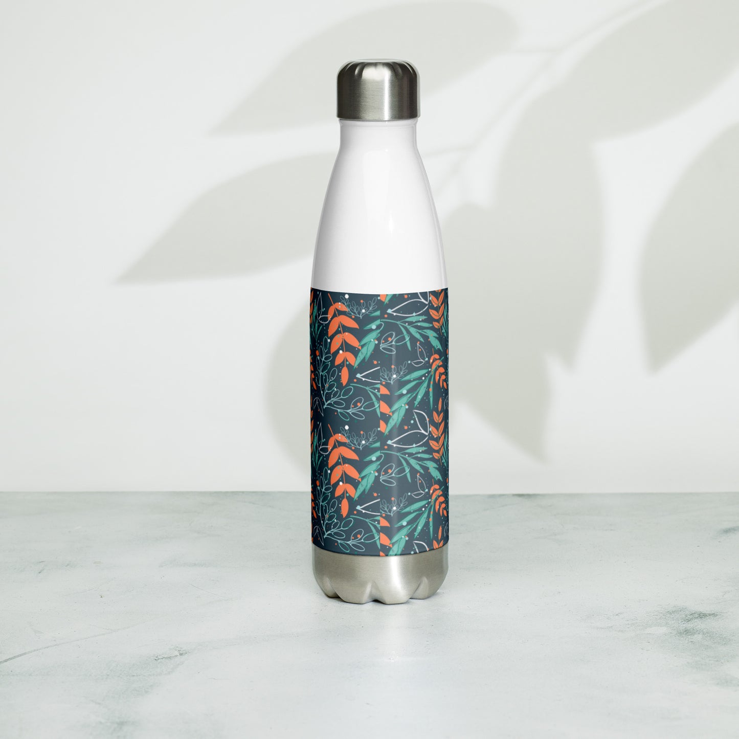 Stainless Steel Water Bottle, Leaves blue
