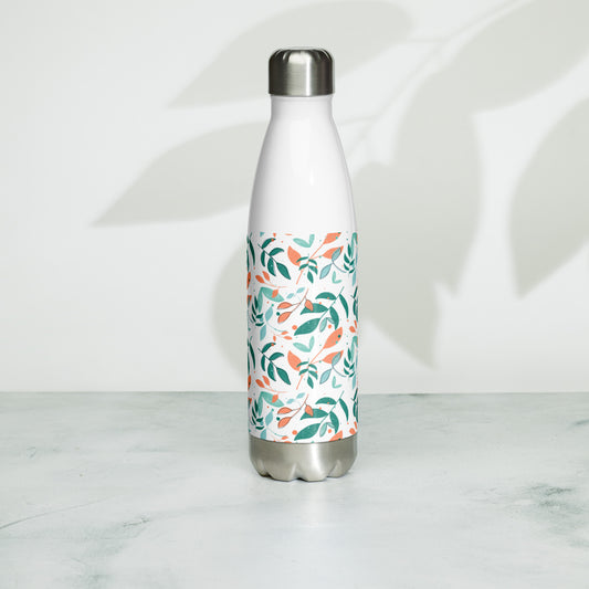 Stainless Steel Water Bottle, Leaves white