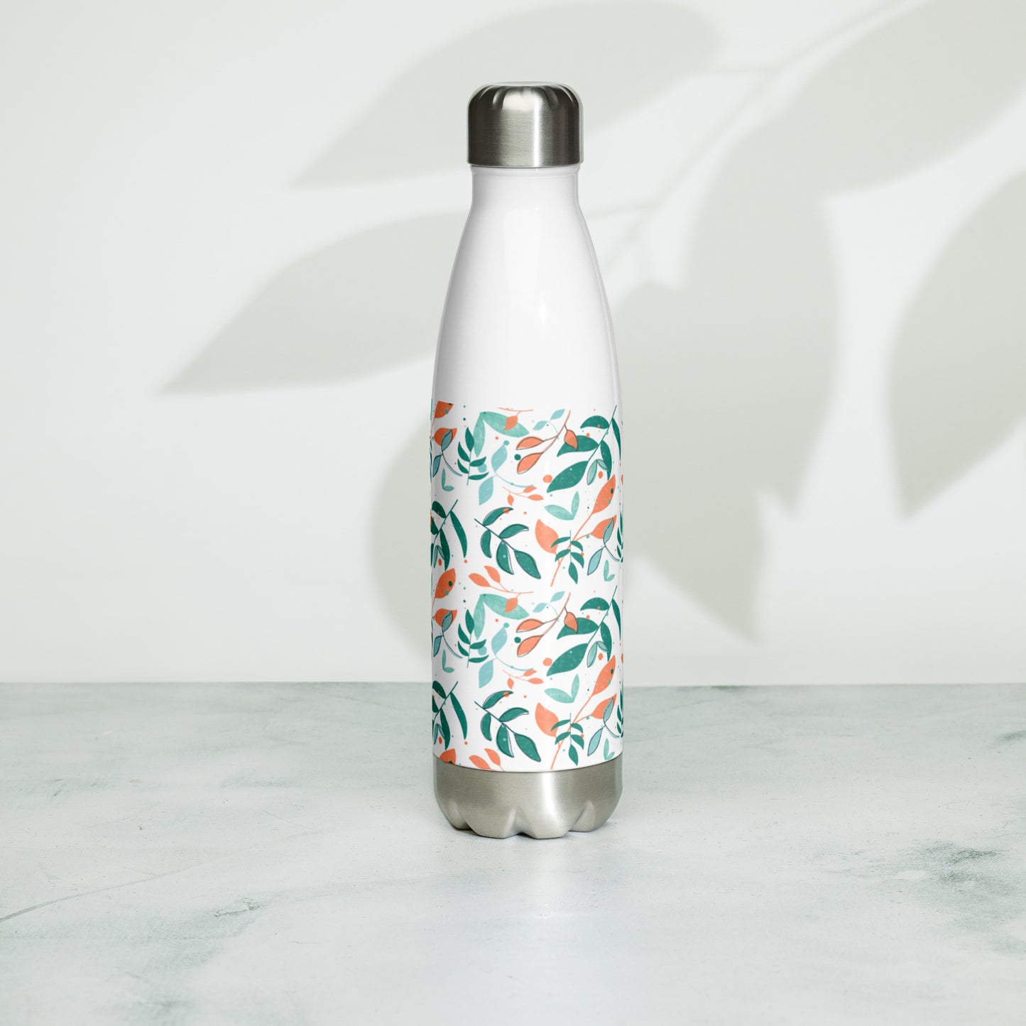 Stainless Steel Water Bottle, Leaves white