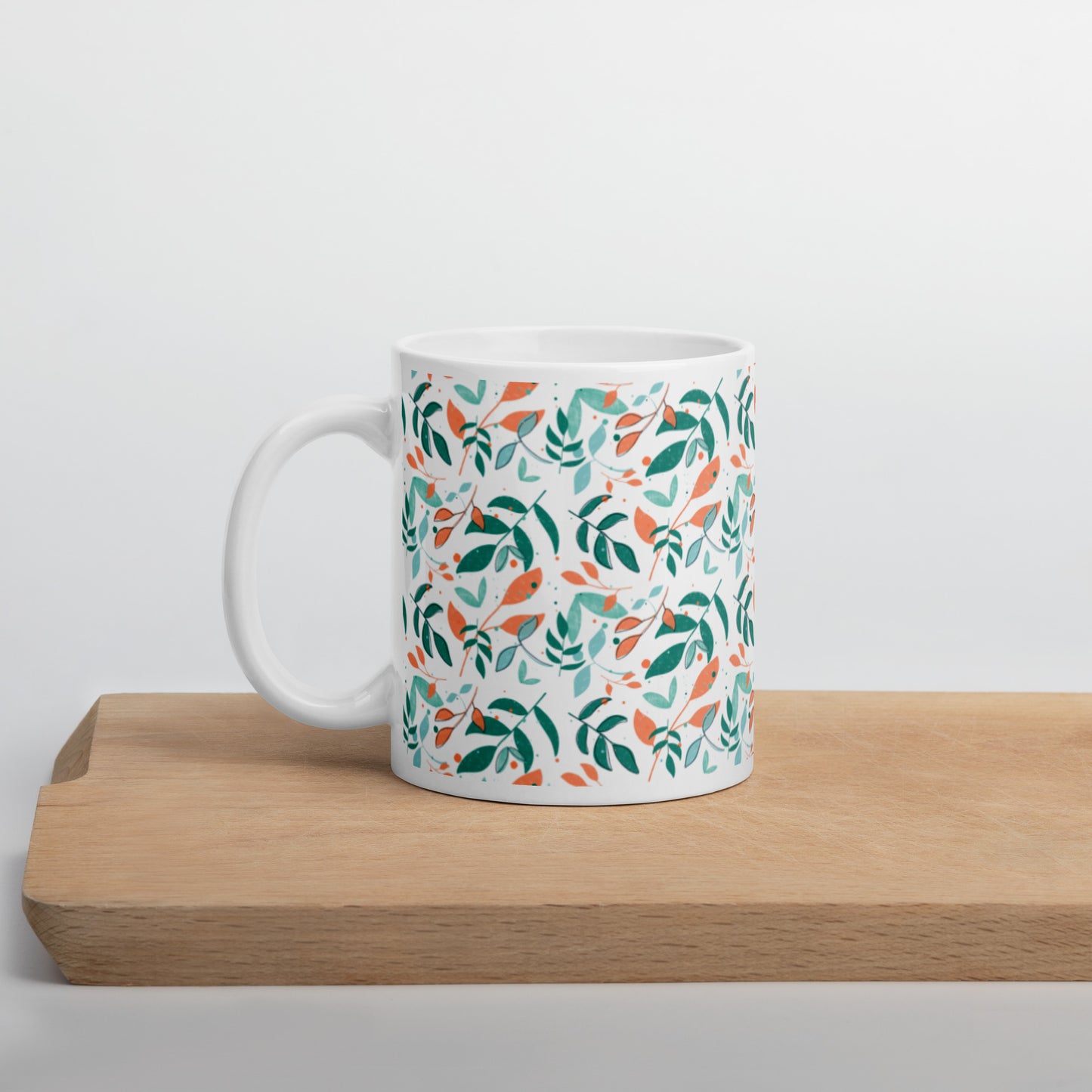 White glossy mug, Leaves