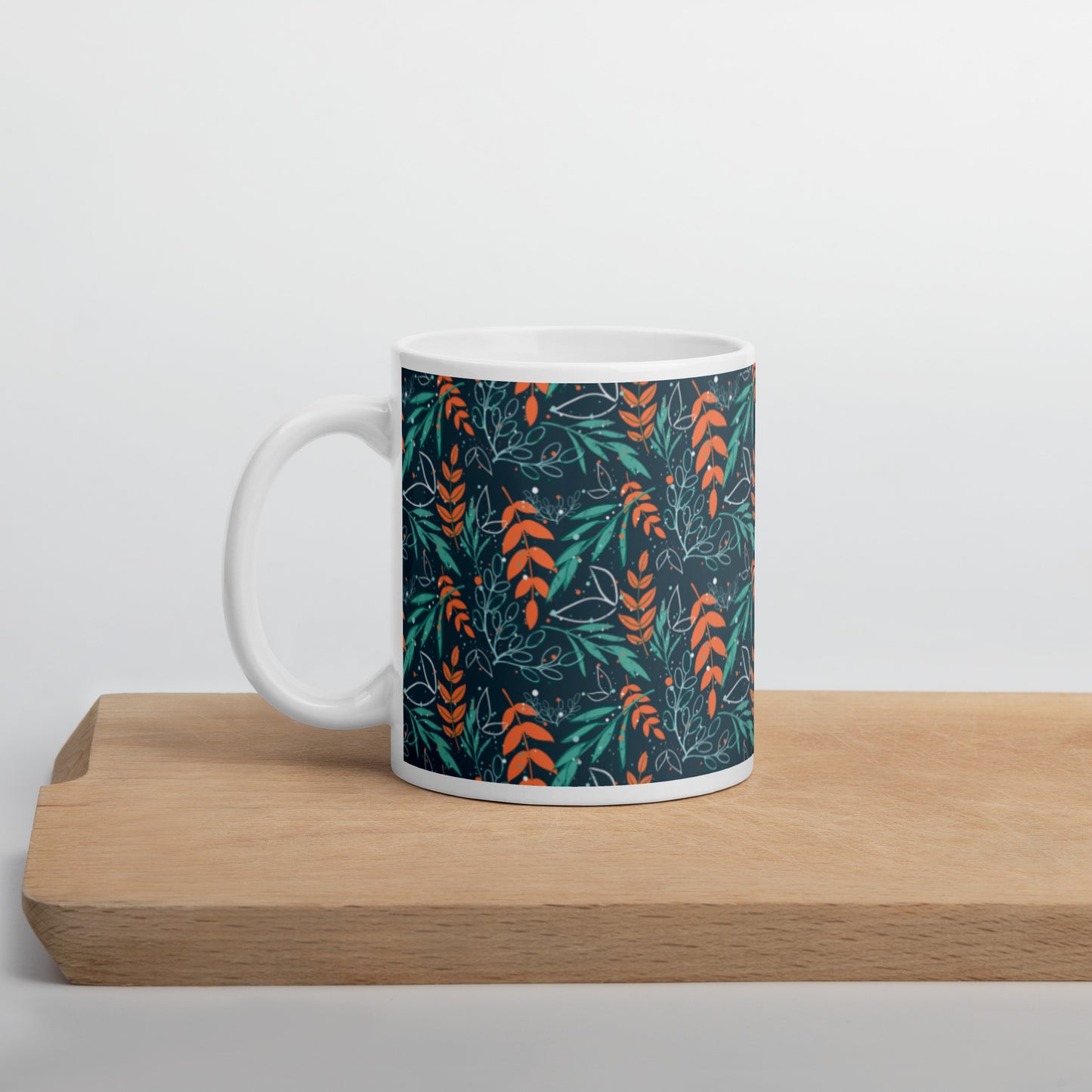 White glossy mug, Leaves blue