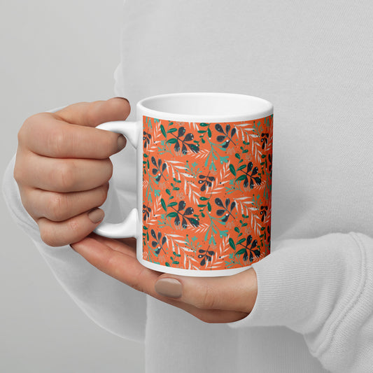 White glossy mug, Leaves orange