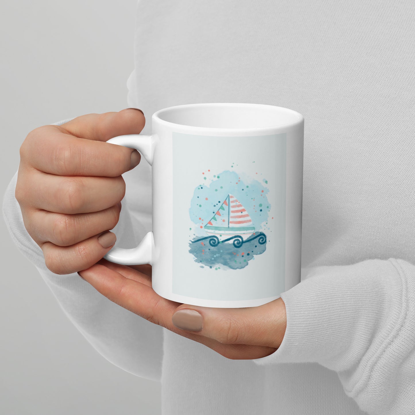 White glossy mug, Sail boat