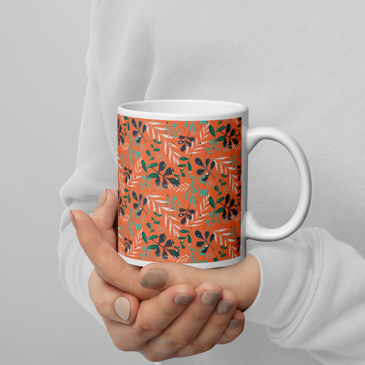 White glossy mug, Leaves orange