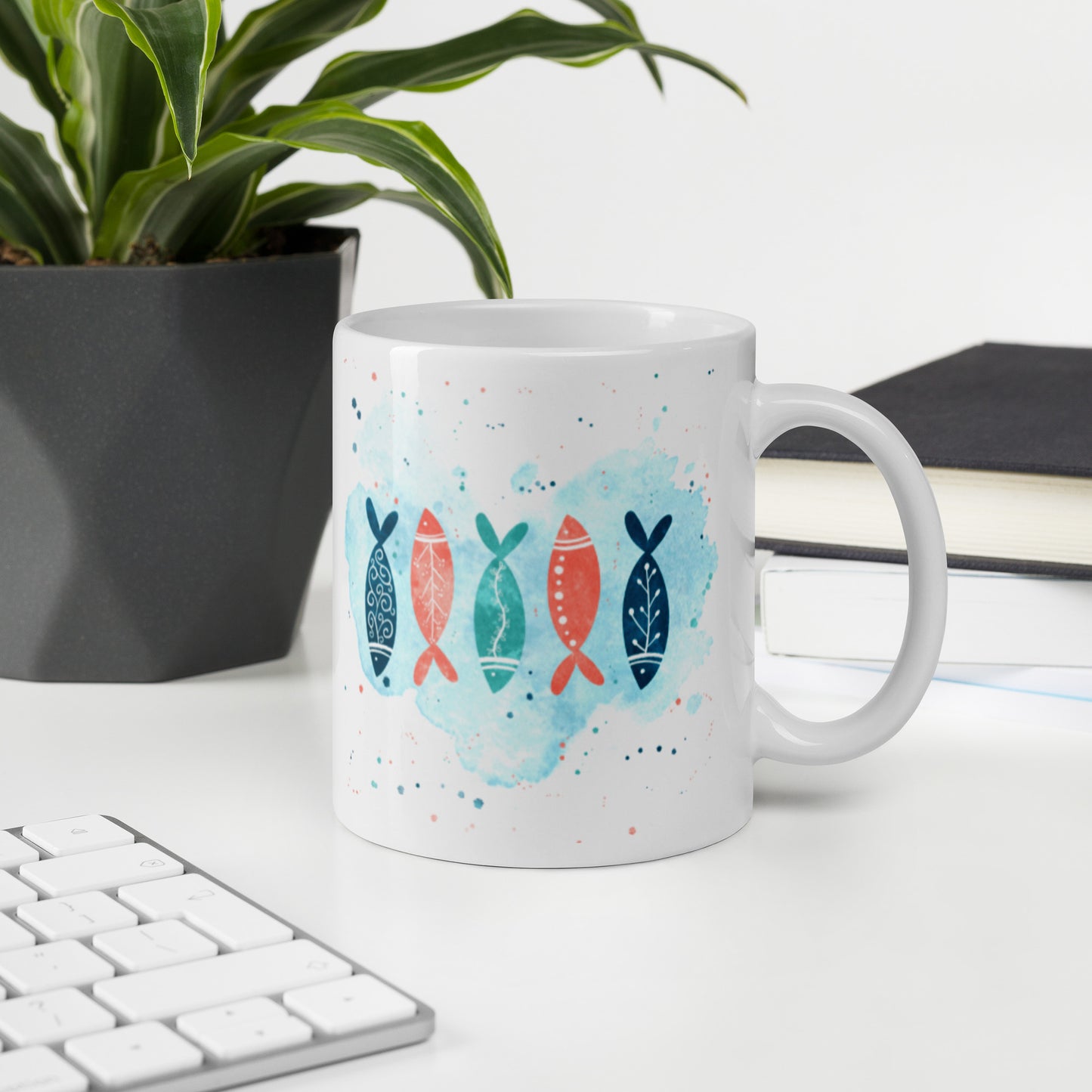 White glossy mug, Colorful fish