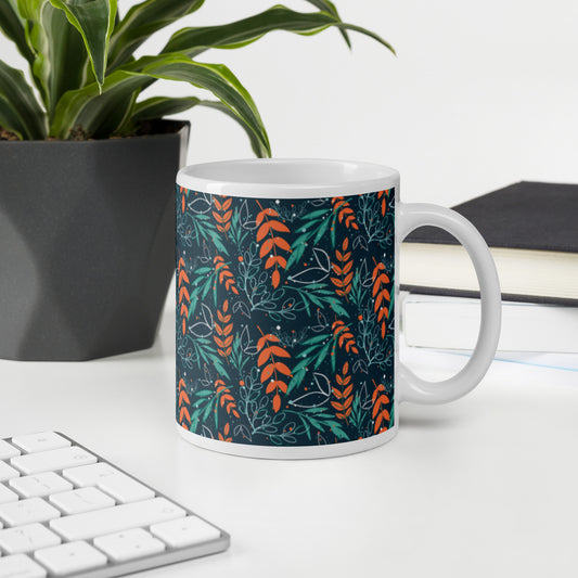 White glossy mug, Leaves blue