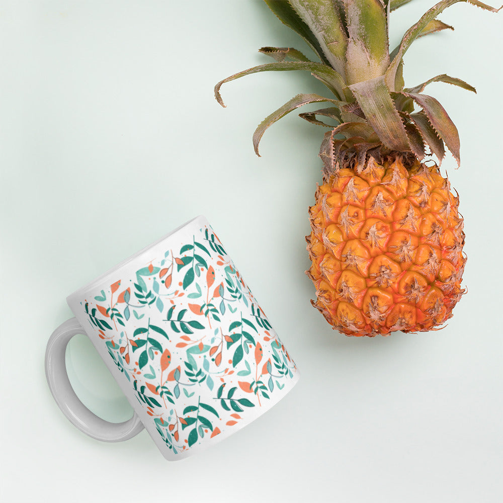 White glossy mug, Leaves