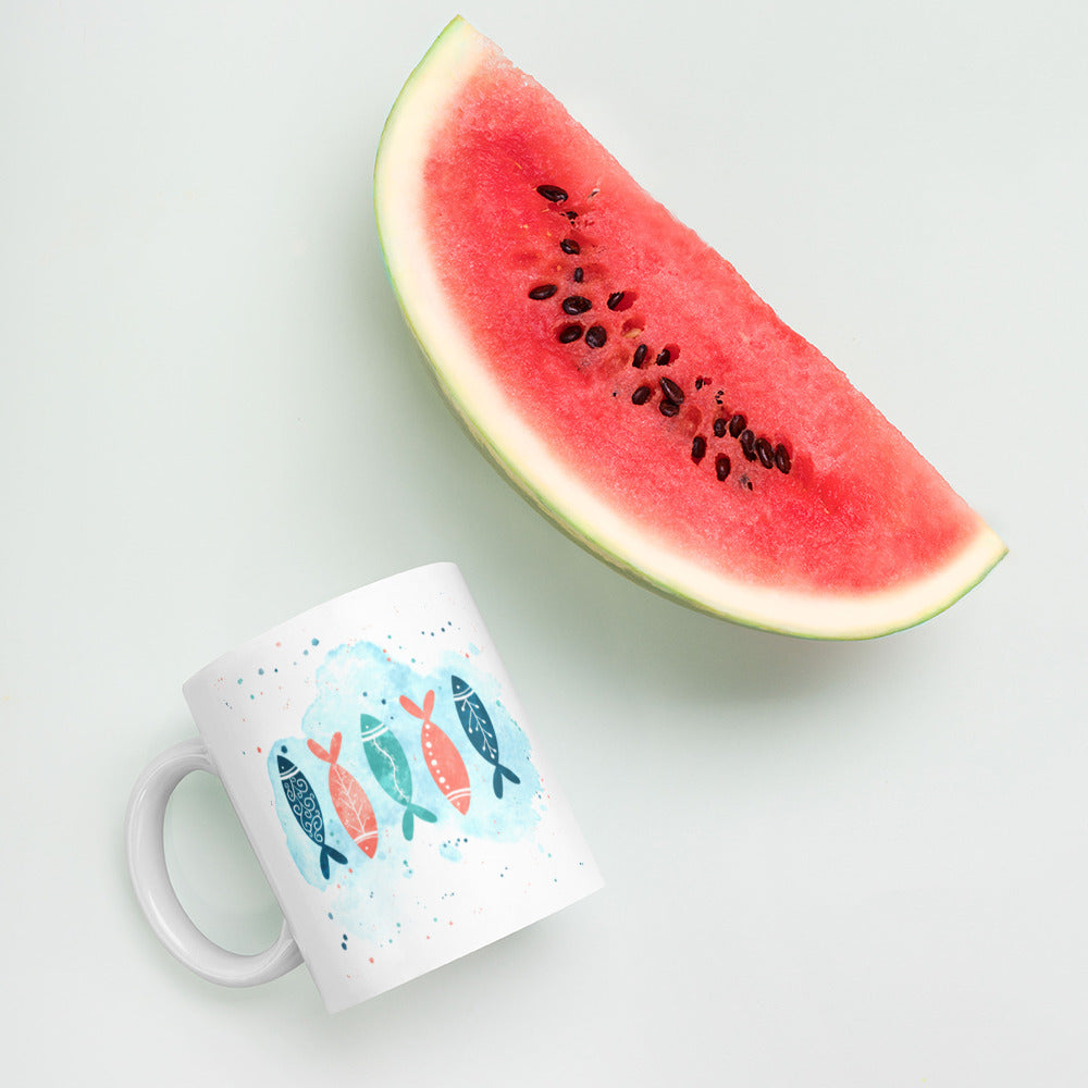 White glossy mug, Colorful fish