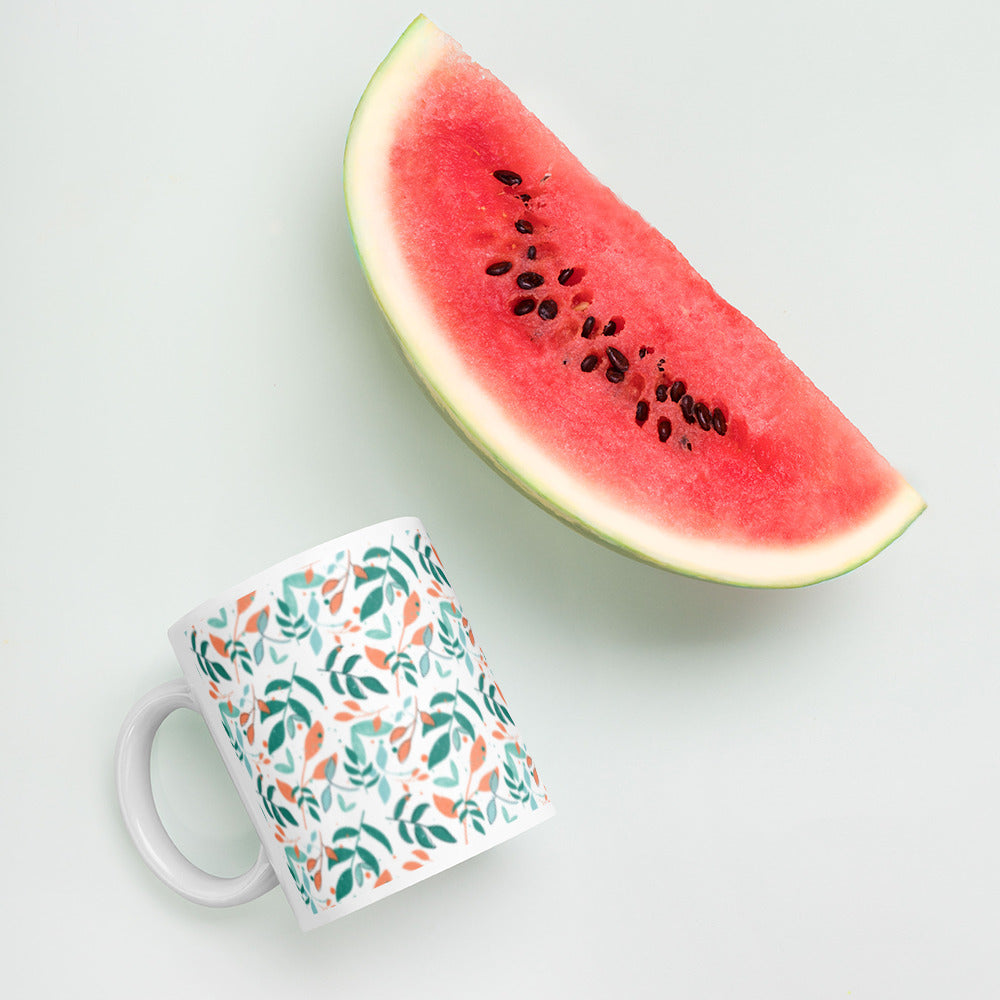 White glossy mug, Leaves white