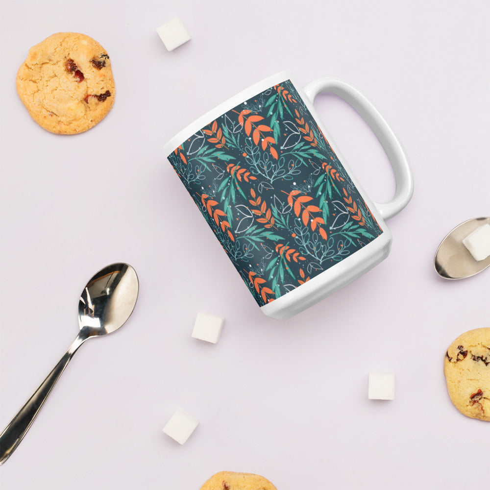 White glossy mug, Leaves blue