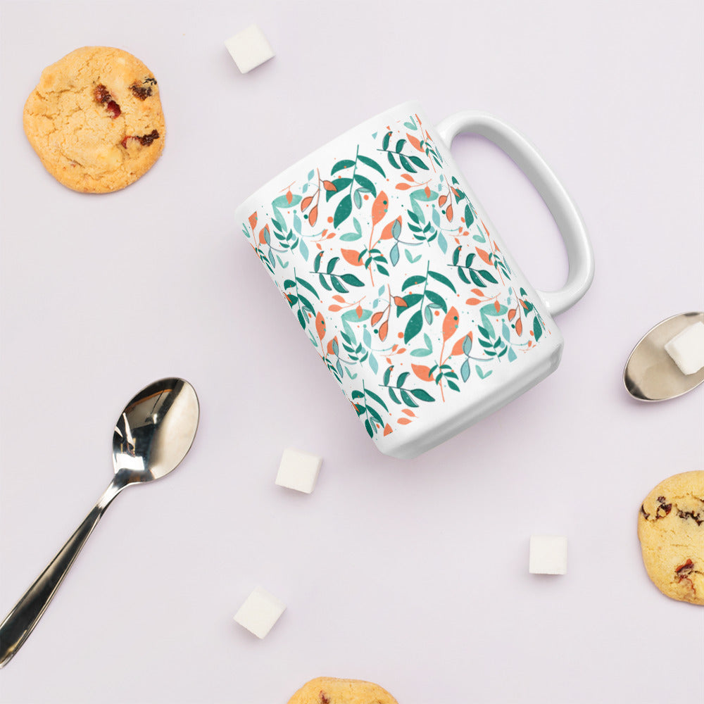 White glossy mug, Leaves white