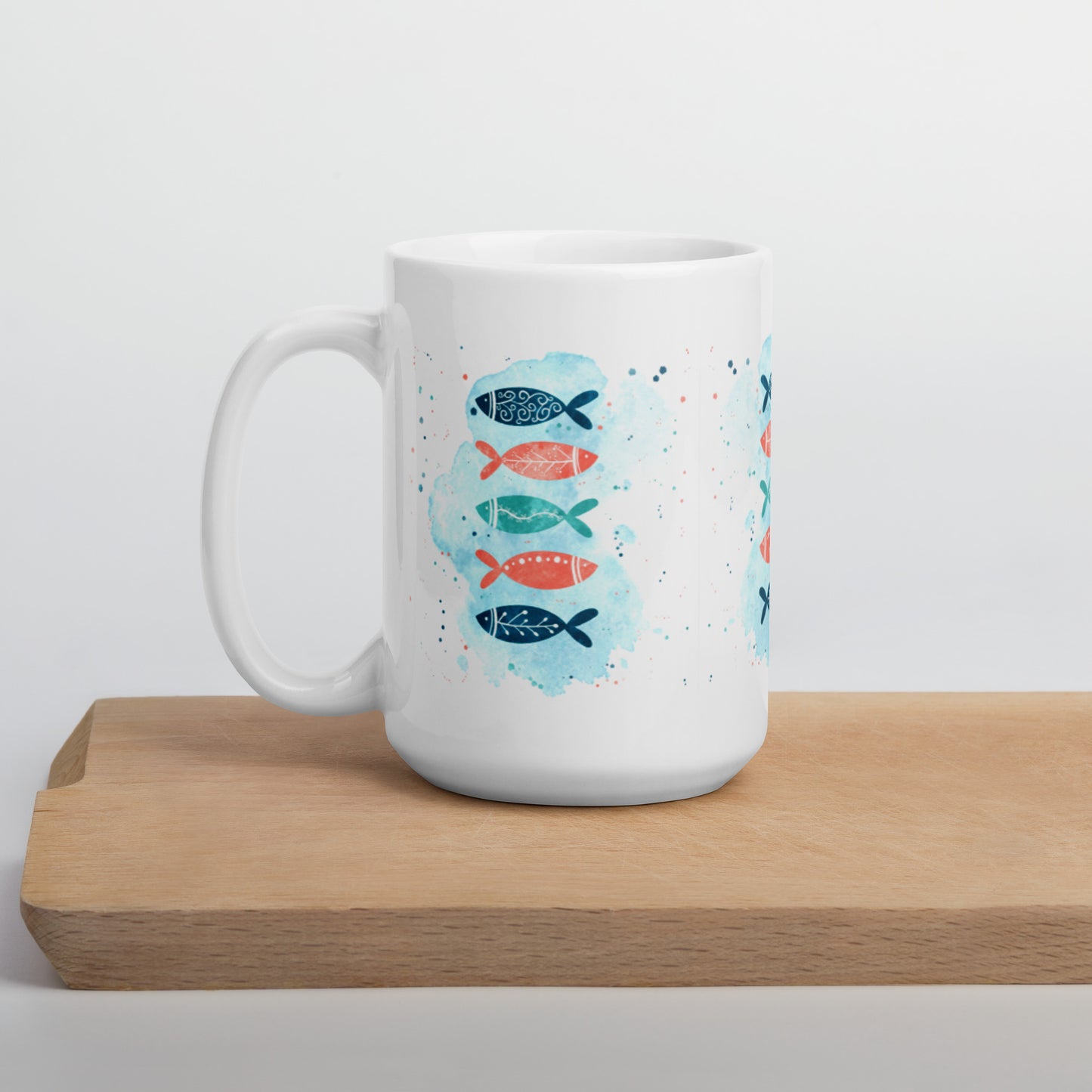 White glossy mug, Colorful fish