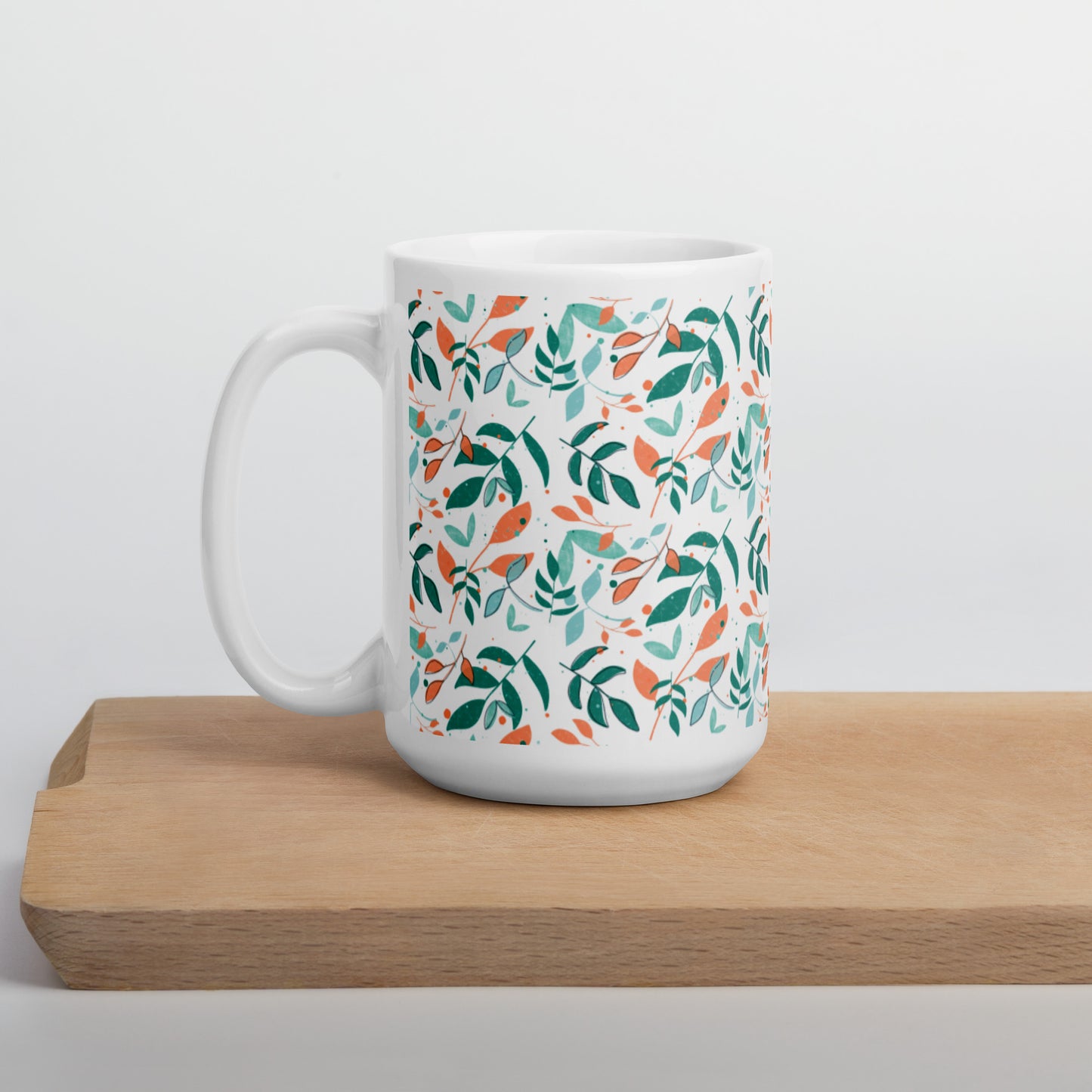 White glossy mug, Leaves