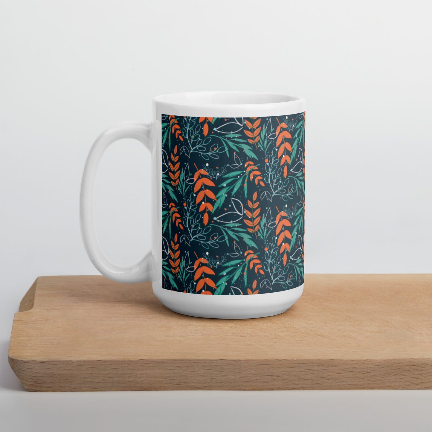 White glossy mug, Leaves blue