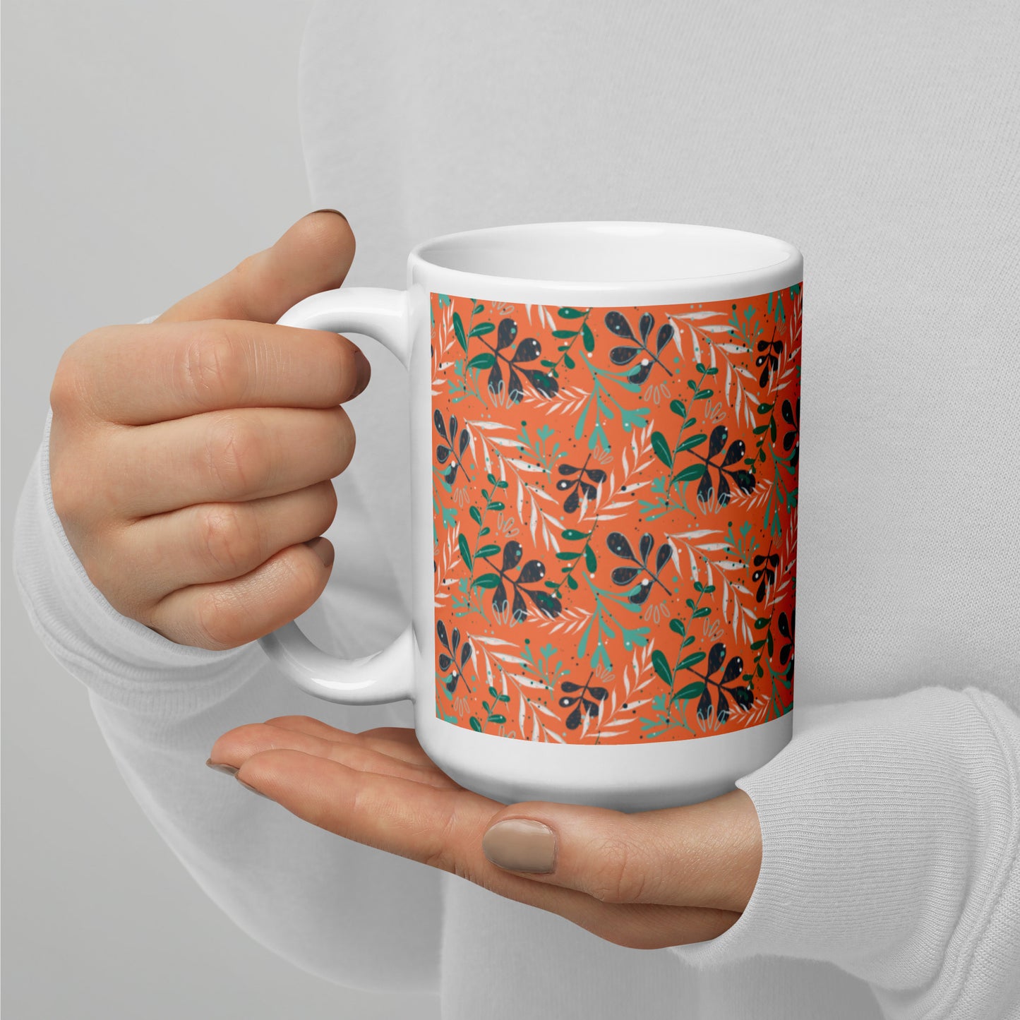 White glossy mug, Leaves orange