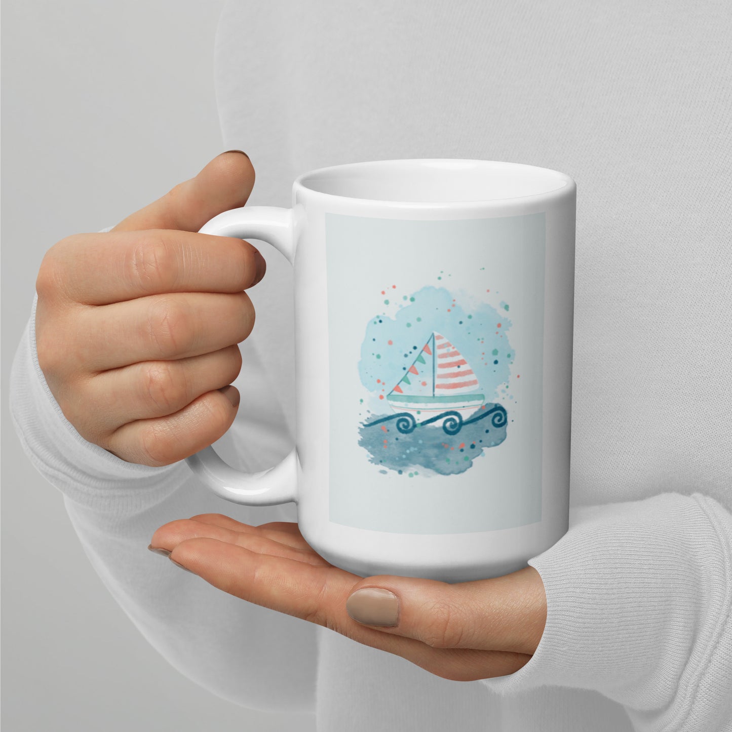 White glossy mug, Sail boat