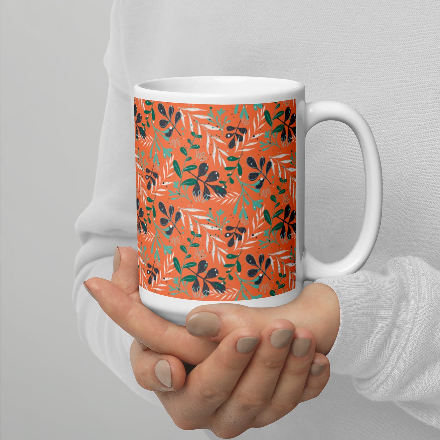 White glossy mug, Leaves orange