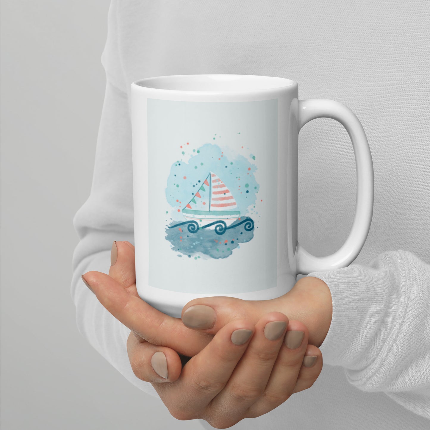 White glossy mug, Sail boat