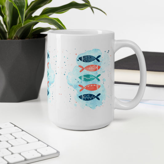 White glossy mug, Colorful fish