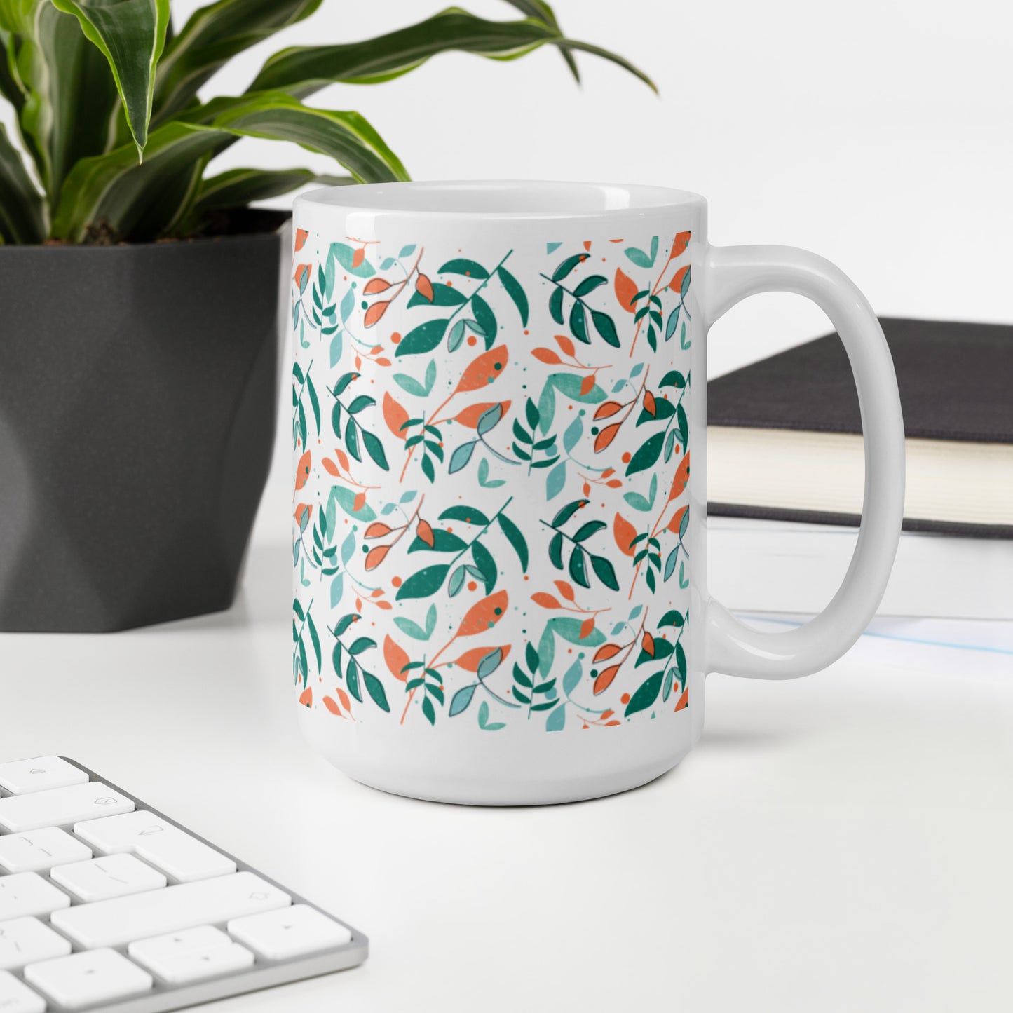 White glossy mug, Leaves