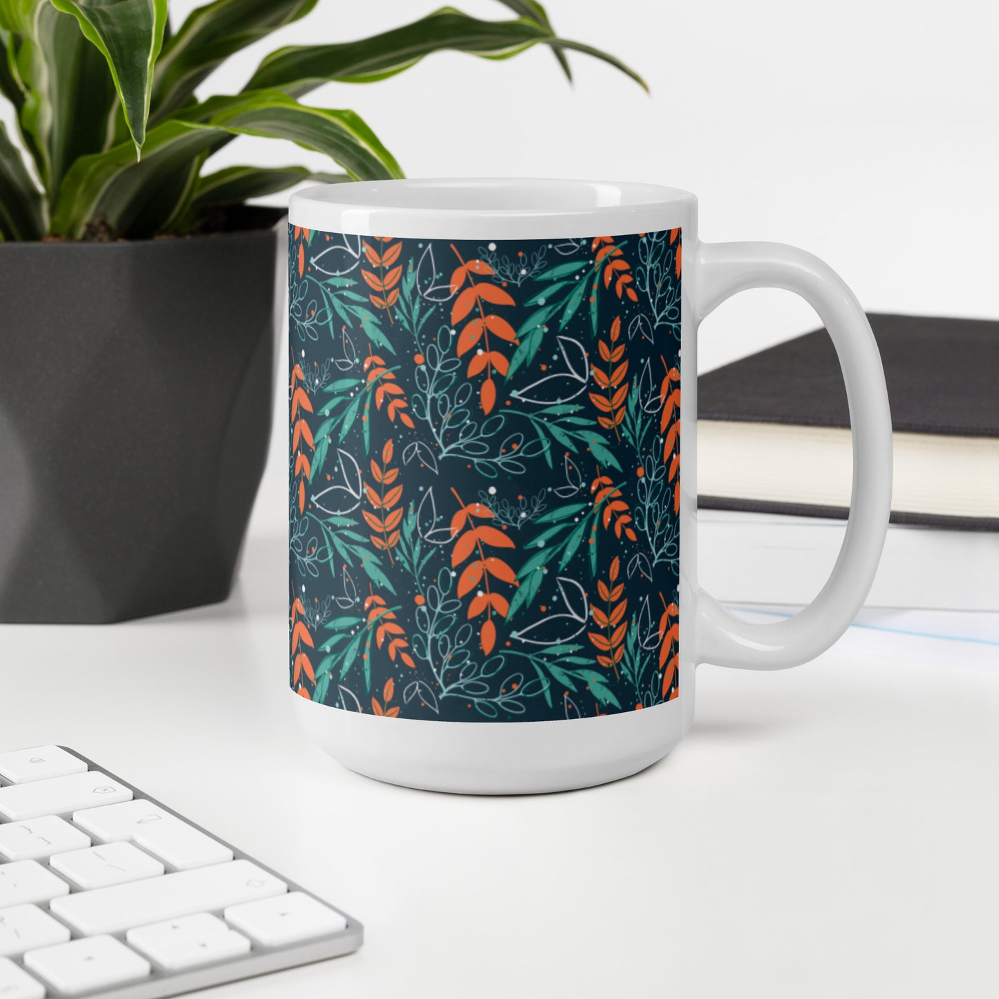 White glossy mug, Leaves blue